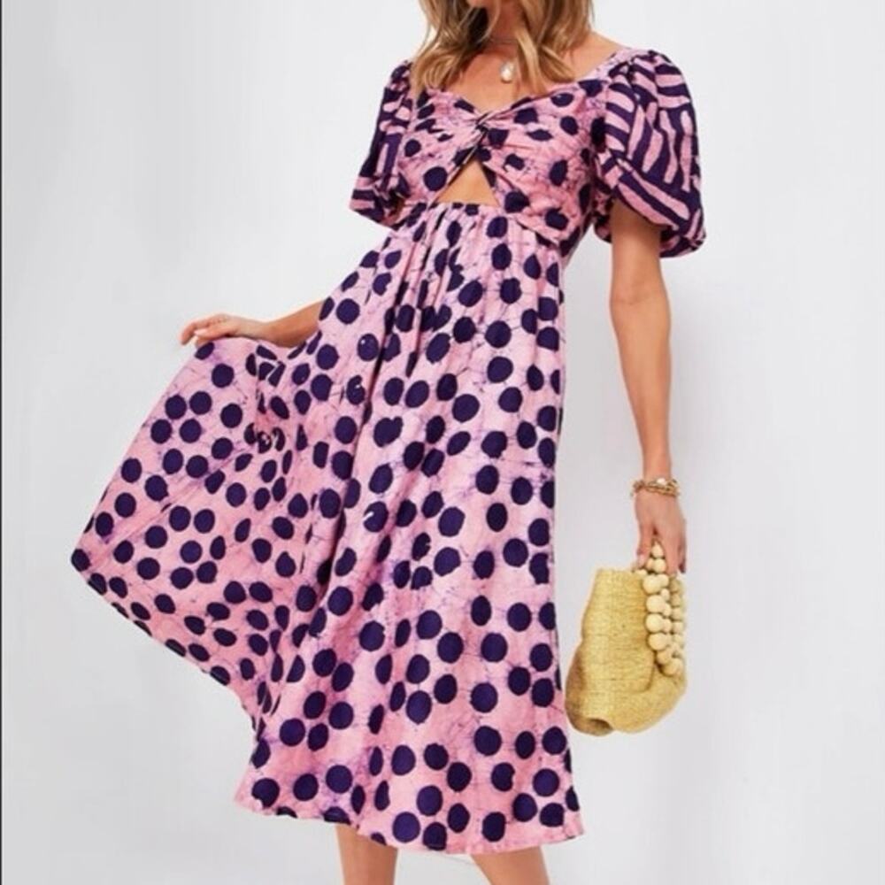 Elisamama A Joke pink and purple midi dress short puff sleeve med NWT